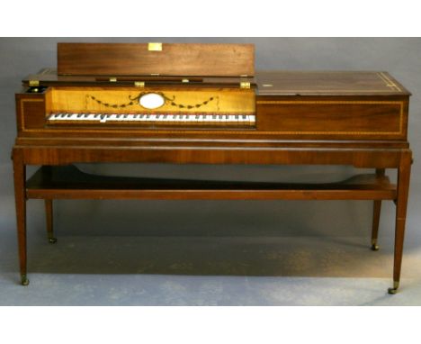 A GEORGE III  MAHOGANY SQUARE PIANO with inlaid banding and bearing a Bilston Enamel plaque "By Royal Patent Longman & Broder