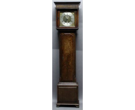 A GEORGE III OAK THIRTY HOUR DUMMY-WIND LONG CASE CLOCK by William Barker, Wigan, having a flat-topped hood with square glaze