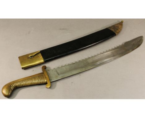 1827 RUSSIAN PIONEER SWORD having solid brass handle and cross guard, 51cm, heavy saw-back blade, held within brass mounted s