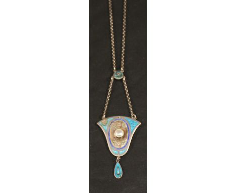 A CHARLES HORNER ENAMELLED SILVER NECKLACE, the inverted bell-shaped pendant with central inset pearl and small tear-shaped d