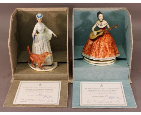 TWO ROYAL WORCESTER PORCELAIN FIGURINES 'Felicty' and 'Elaine' from the Victorian series, limited editions with original card