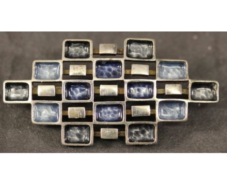 A DAVID ANDERSON 925S AND ENAMEL BROOCH of open geometric form with blue and grey enamelling, marked '925s sterling UNI D-A'.