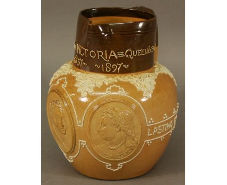 A DOULTON LAMBETH STONEWARE COMMEMORATIVE JUG produced to commemorate the Queens Diamond Jubilee 1897, with moulded portrait 