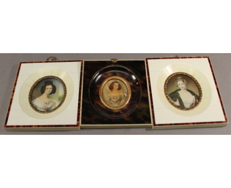 A GROUP OF THREE MODERN PORTRAIT MINIATURES each depicting period ladies, two in reclaimed ivory frames, the other in a faux 