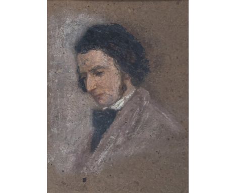 English School (19th century), Portrait of a gentleman, probably the composer Franz Liszt oil on tinted card, bird’s eye mapl