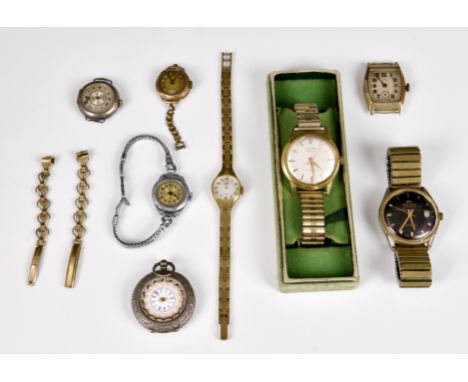 A small group of vintage wrist and fob watches, including a 9ct gold cased gents watch by Shield; a ladies 9ct rosegold watch