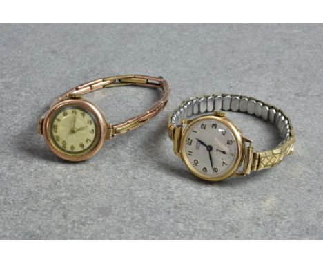 Two mid-century 9ct gold ladies wrist watches, both manual wind, comprising a Vertex Revue, with sprung rolled gold clasp; an