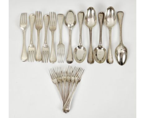 A harlequin suite of George III silver Hanoverian Military Thread pattern  flatware for six settings, maker's mark rubbed, Lo