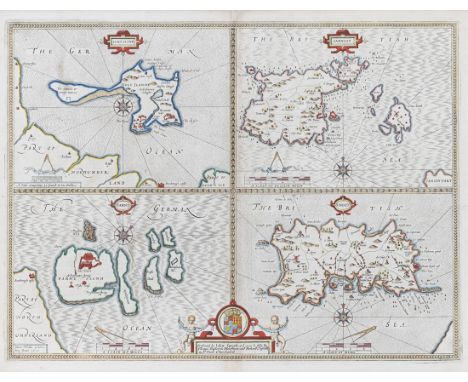 John Speede (British, 1552-1629), engraved quartered map of Holy Iland, Garnsey, Farne and Jarsey, with hand colouring, compa