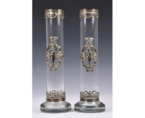 A pair of Portuguese Topazio Casquinha silver plate mounted cylindrical clear glass vases, in a classical style, the mounts d