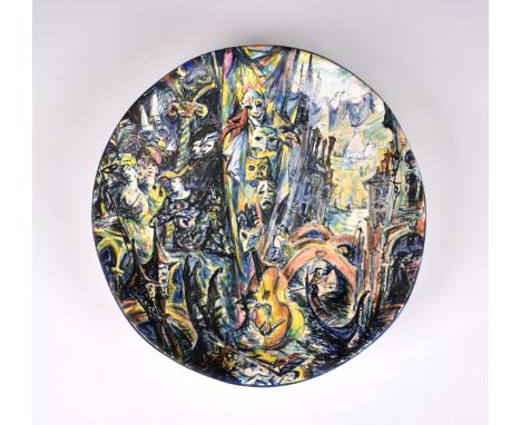 Sergei Chepik (Russian-Ukrainian, 1953-2011) - a studio ceramic dish, painted with figures and masks in a Venetian setting sh