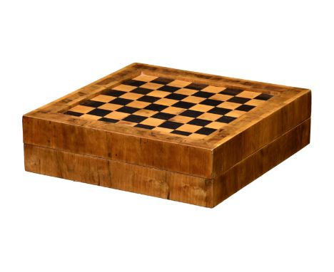 An antique style walnut, ebony and satinwood folding games board, late 20th century, the square board with inset panelled che