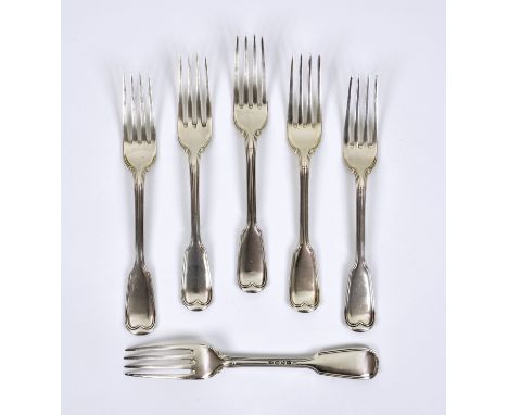 A set of six Fiddle Thread Military pattern table forks, Chawner &amp; Co, London, 1847, no inscriptions, 8in. (20.4 cm.) lon