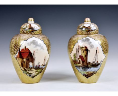 A pair of 20th century Dresden covered vases, of baluster form, painted with shaped panels depicting coastal fishing scenes o