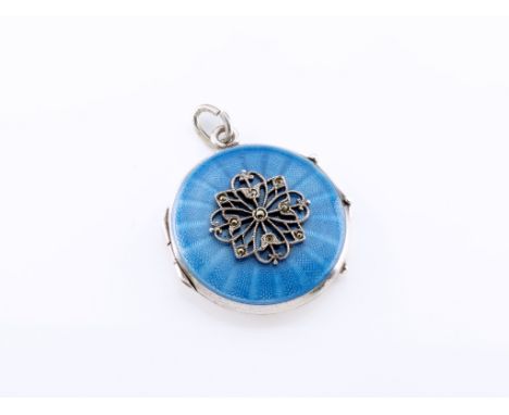 A silver, marcasite and guilloché enamel locket, millegrain and marcasite detailing to the centre within a pale blue guilloch