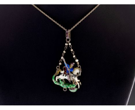 A Victorian enamel 'St George and the Dragon' Pendant, Austro-Hungarian, the silver gilt pendant depicting St George on his h