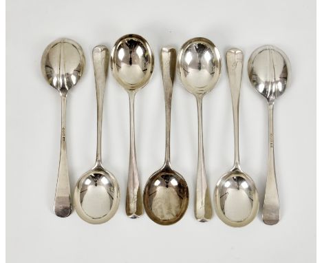 A set of seven silver Hanoverian rat tail pattern soup spoons, Lee &amp; Wigfull, Sheffield, 1938, the terminals inscribed wi