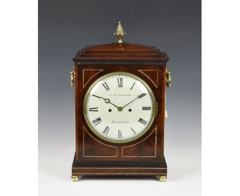 A George IV mahogany and brass strung bracket clock with pull repeat, signed J.R. Saunders, Warminster, the convex white enam