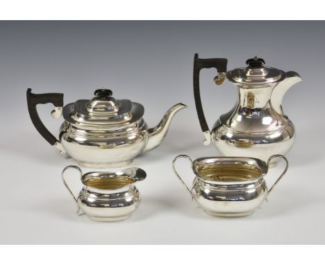 An Elizabeth II silver four piece tea service, Viner's Ltd, Sheffield, 1959, of waisted belly form, comprising a teapot, hot 