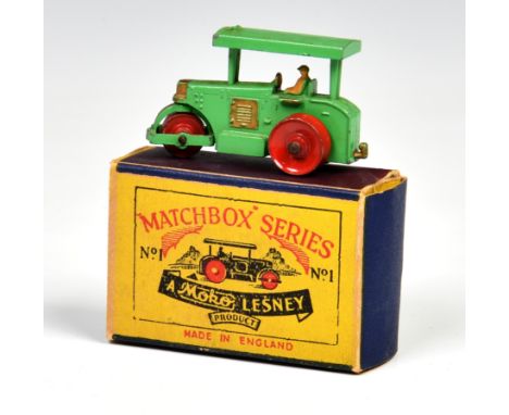 Matchbox Lesney 1-75 Series MB1a Diesel Road Roller, light green with red metal rollers, Type 2, in type A box (VG-E, box G).