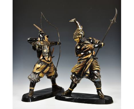 Two Michael Sutty porcelain Samurai Warriors, one modelled holding bow (missing arrow) and one holding a yari (missing sword)