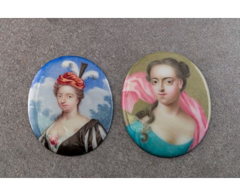 Two enamel on copper miniature portrait plaques, probably late 19th / early 20th century, depicting female beauties, oval, th