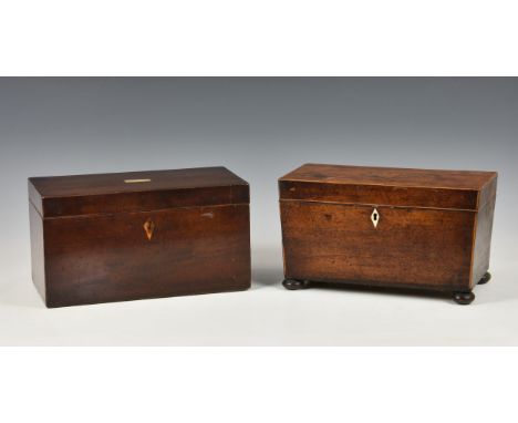 A 19th century mahogany tea caddy, of rectangular form, the hinged lid with central marquetry sea shell inlay, opening to rev