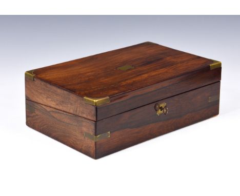 A brass bound rosewood writing slope, 19th century, rectangular form, opening to reveal purple baize slope and fitted compart