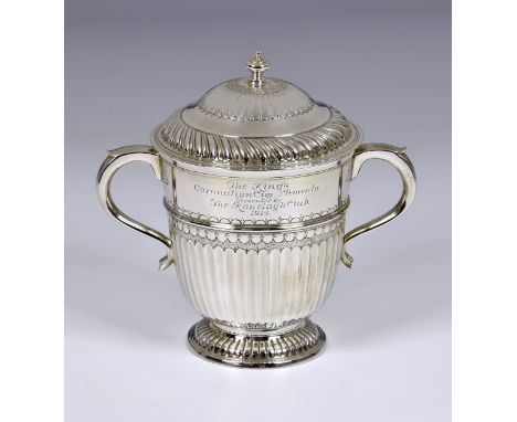 Polo interest - A George V silver presentation twin handled cup &amp; cover, Pairpoint Brothers, London, 1914, of cylindrical