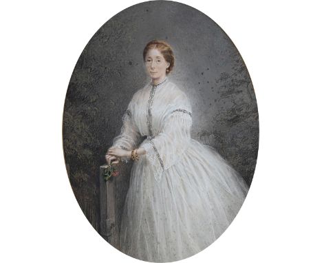 English School (19th century), A portrait of a lady in a white dress, holding a pink rose, three quarter length oval pastel, 