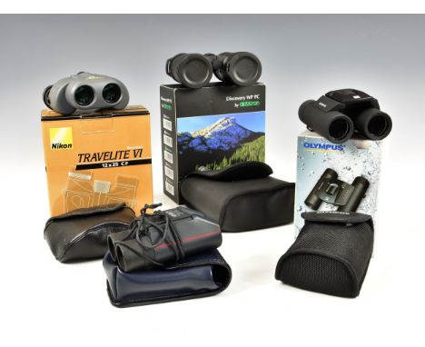 Five pairs of travel binoculars, to include boxed Nikon Travelite VI 12x25 CF with paperwork and case; boxed Opticron Discove