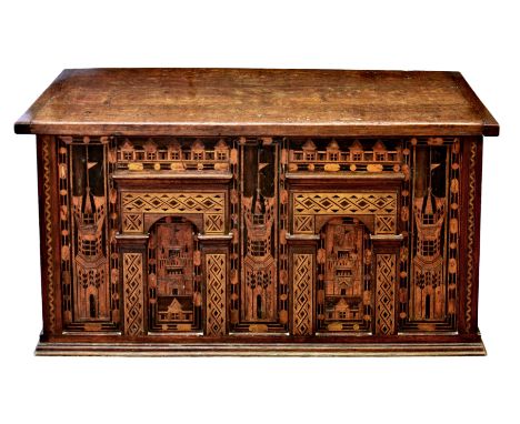 A 16th / 17th century and later Anglo-German Nonesuch style chest, the later oak top on iron strap hinges, over an architectu