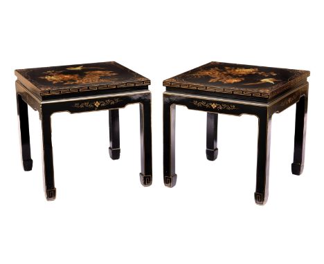 A pair of Chinese black lacquered and painted drinks or side tables, third quarter 20th century, the square tops painted with