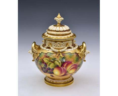 A Royal Worcester large two handled urn and cover, hand-painted with fruit, by D Shinnie, with an ornate reticulated collar h