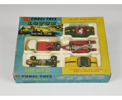 A boxed Corgi Toys Gift Set 37 Lotus Racing Team, comprising 490 VW Breakdown Truck, red trailer, 318 Lotus Elan S2 Open Top,