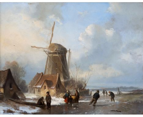 Andreas Schelfhout (Dutch, 1787-1890), Winter scene with a skater and windmill oil on mahogany panel, unsigned, wooden frame 