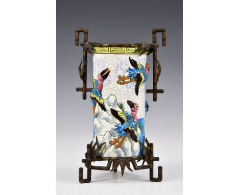 An unusual French Longwy Pottery vase, having applied moulded flying birds in bright enamels on crackle glaze ground, greek k