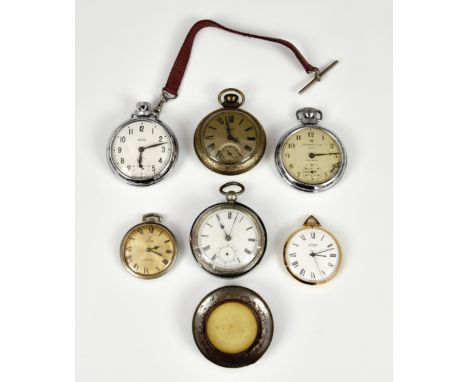 Six vintage pocket watches, five by Ingersoll, Sekonda, Smiths and Sorna, the other a silver cased pocket watch, a/f. (6). 