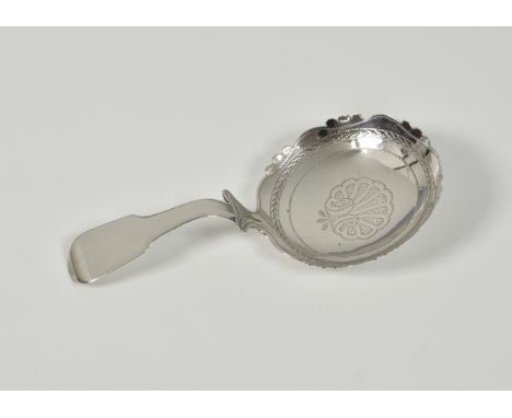 A George III silver caddy spoon, Thomas James, London, 1812, having bright cut wavy-edge circular bowl, fiddle handle, 4in. (