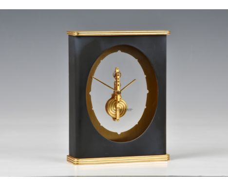 A Jaeger LeCoultre table or desk clock, 1970s, ref. 565, with cal.250 16J 8 day keywound skeleton movement, the gilt and matt