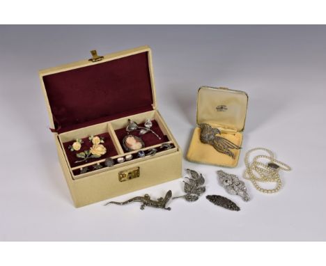 A collection of vintage silver and marcasite jewellery, 1930s-50s, including three brooches, one in the shape of a lizard; a 
