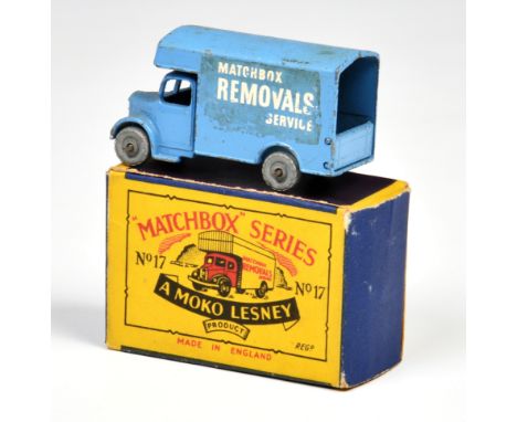 Matchbox Lesney 1-75 Series MB17a Bedford Removals Van, light blue with silver trim, MW, box type B (G-VG, box G). 