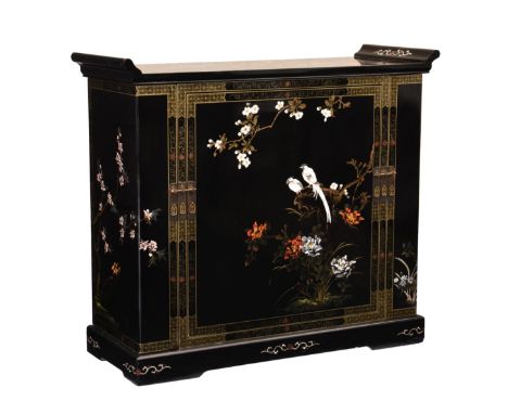 A Chinese black lacquered and painted drinks cabinet, third quarter 20th century, painted to the front, top and sides with ex