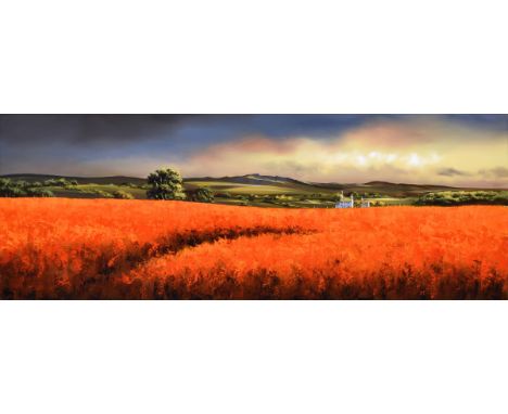 Allan Morgan (British, b.1952), Red fields oil on board, signed lower left, black and white step frame 14½ x 39½in. (36.8 x 1
