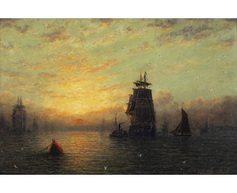 William Adolphus Knell (British, 1802-1875), Shipping at Sunset. oil on Windsor & Newton Academy board, signed lower right, s