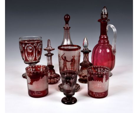 A collection of 19th century and later Bohemian wheel engraved ruby flashed glass, comprising an octagonal hunting goblet, et