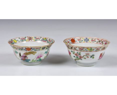 A closely matched pair of Chinese famille rose cockerel dishes, one with Xianfeng (1851-61) four character mark, the other wi