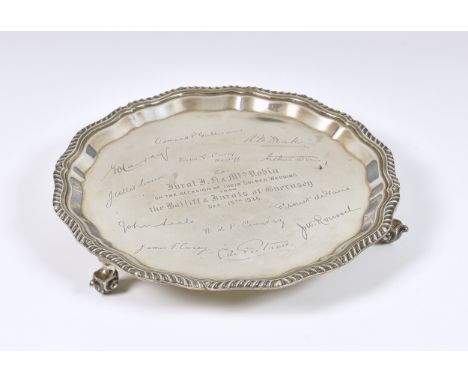 Guernsey interest - A presentation silver card salver, Viner's Ltd, Sheffield, 1936, of typical form, inscribed with presenta