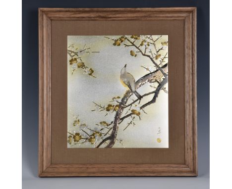 A set of three 20th century Japanese Chokin style pictures, the first depicting a bird perched on a bamboo amid flowering chr