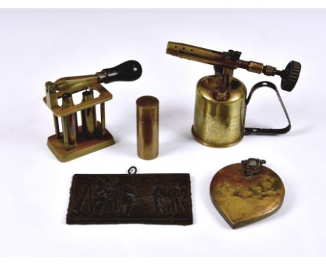 A rummage tray of antique / vintage collectables, comprising a small Sievert blow torch, 5in. (12.7cm.) high; 19th century br